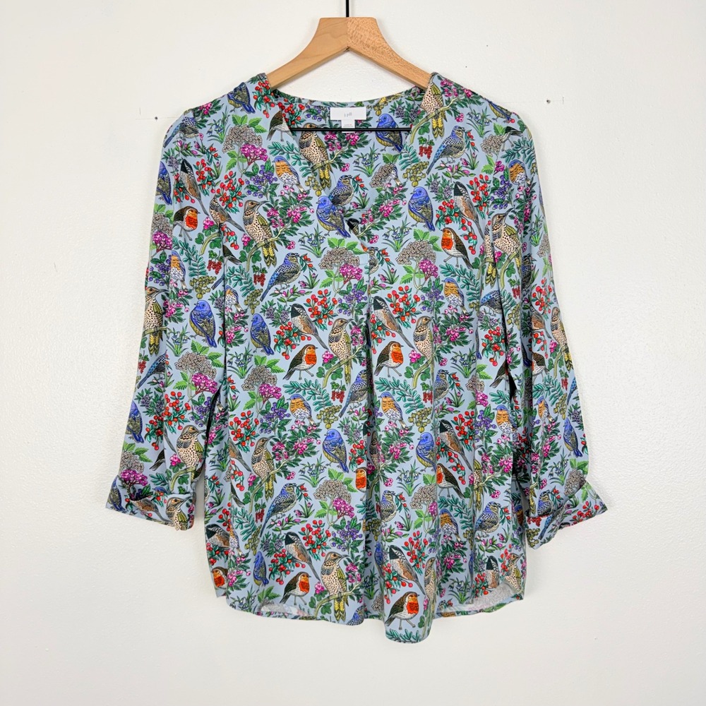 J.Jill Bird Print‎ Blouse Womens S Blue Botanical Viscose V-Neck Top
